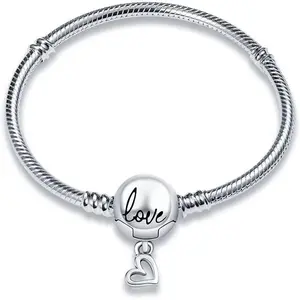 925 Sterling Silver Snake Chain Bracelet with Love Round Buckle Charm Bracelets for Women Teen