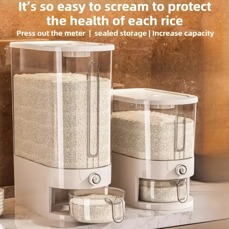 Beautiful Rice Dispenser with Measuring Cup, Upgraded Version with Built-in Pest Control Box, Lid-equipped Rice Measuring Dispenser Storage Container for Multi-functional Plastic Rice Containers, Suitable for Home Kitchen Storage Boxes