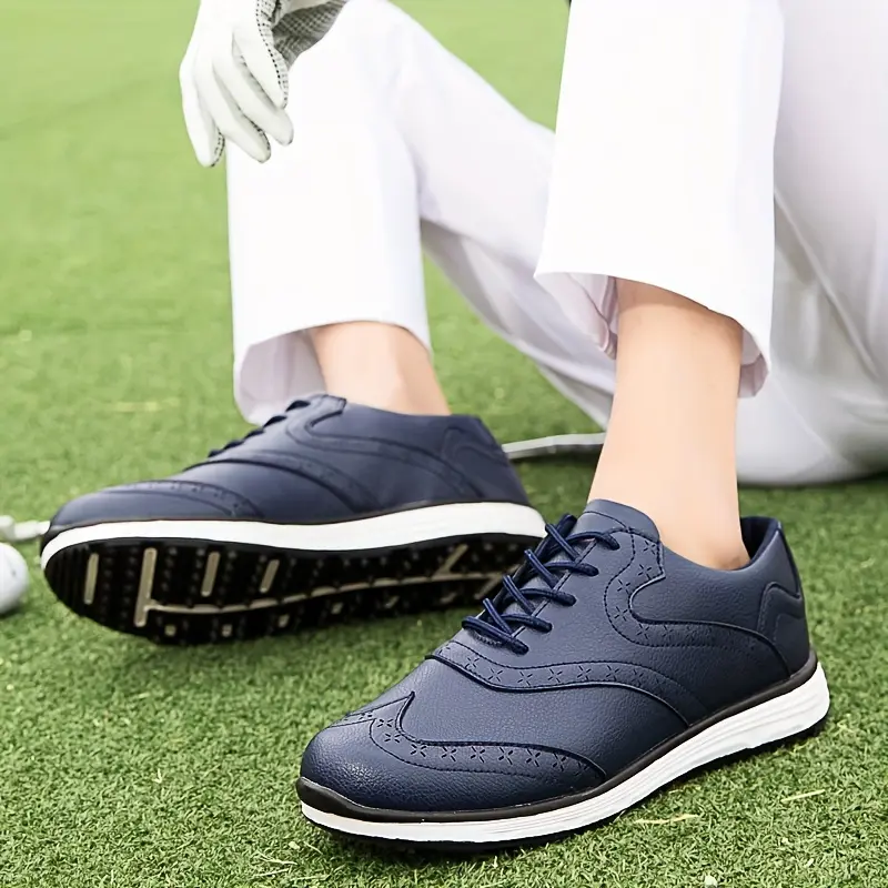 Men's Solid Color PU Leather Golf Shoes - All-Season Lace-Up, Snug Fit, Non-Slip, Durable Sneakers for Outdoor Sports Play
