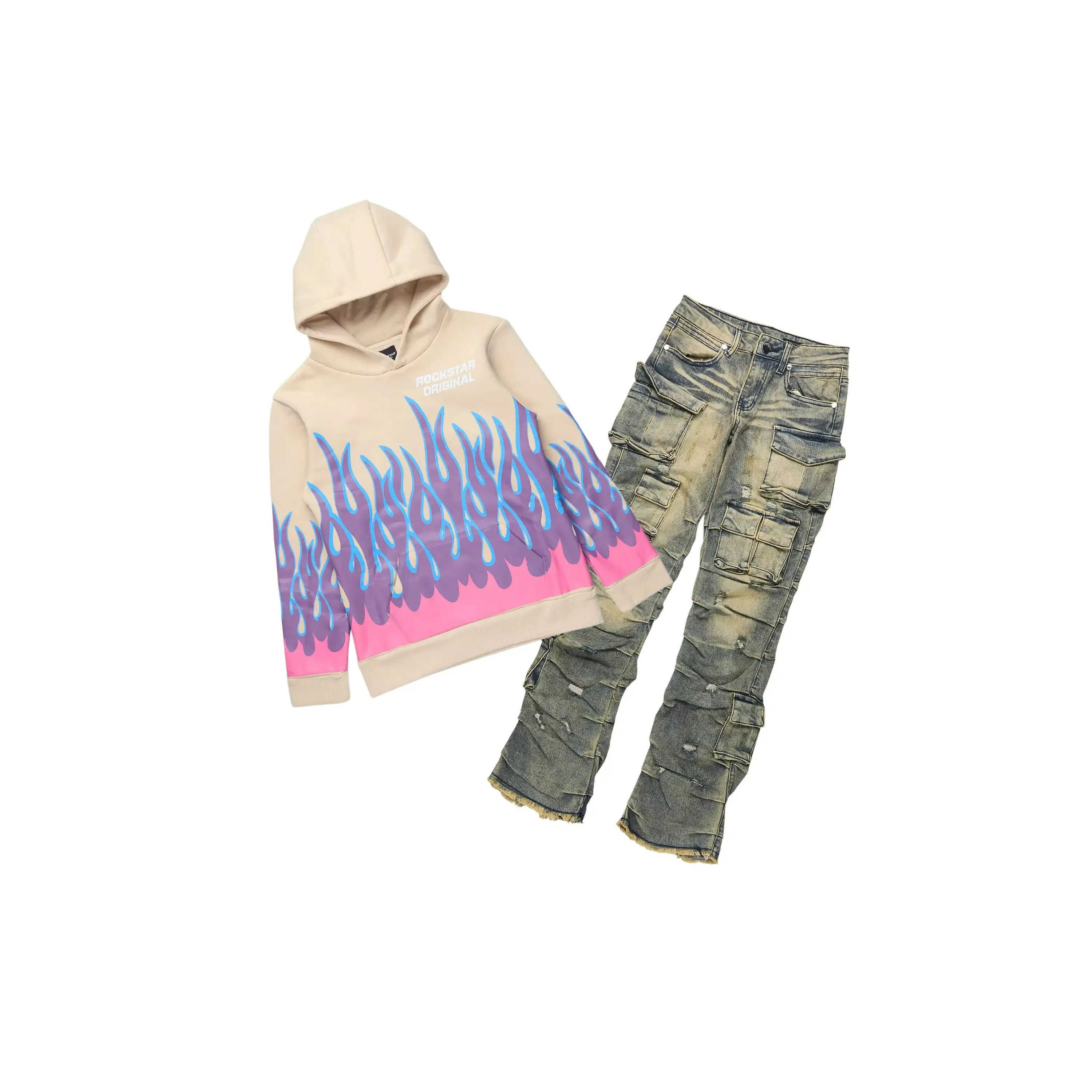 Boys Roeland Beige Hoodie & Gentry Tint Blue Stacked Jean Set