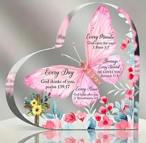 Inspirational Bible Verse Heart Acrylic Plaque, Pink Butterfly Christian Religious Gift for Women, God Loves You Tabletop Sign Scripture Decor