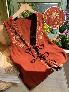 Women's Summer Boho Floral Embroidery Front Tie Sleeveless Blouse,Western Wear Women,Vacation Outfits Woman