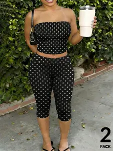 TikTok Viral 2026 Women's Polka Dot 2 Piece Outfit Set，Strapless Tube Crop Top + High Waisted Capri Leggings，Y2K Retro Aesthetic Streetwear，Soft Stretchy Fabric for Daily Wear, Brunch, Vacation, Casual Outings，Trendy Summer Outfits for Teen Girls /women