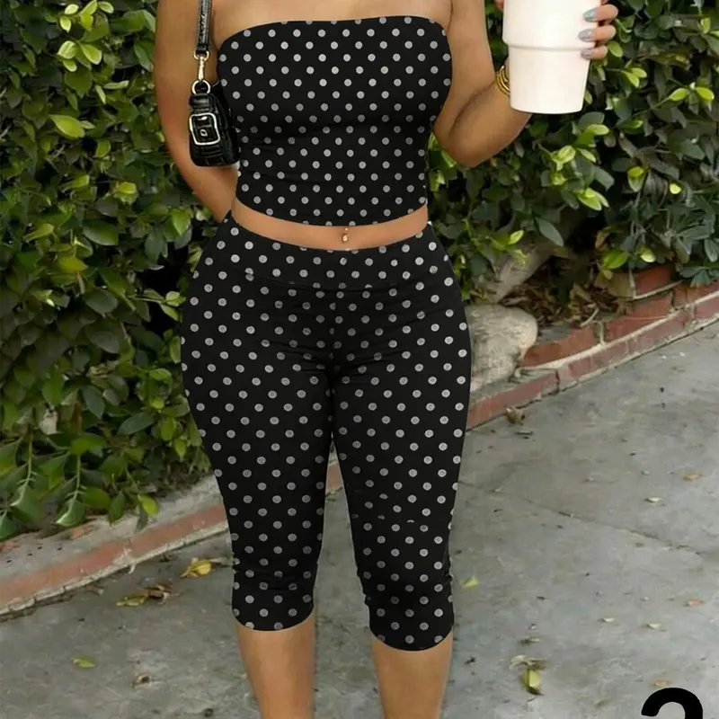 2026 Women's Polka Dot 2 Piece Outfit Set, Strapless Tube Crop Top + High Waisted Capri Leggings, Y2K Retro Aesthetic Streetwear, Soft Stretchy Fabric for Daily Wear, Brunch, Vacation, Casual Trendy Summer Clothes