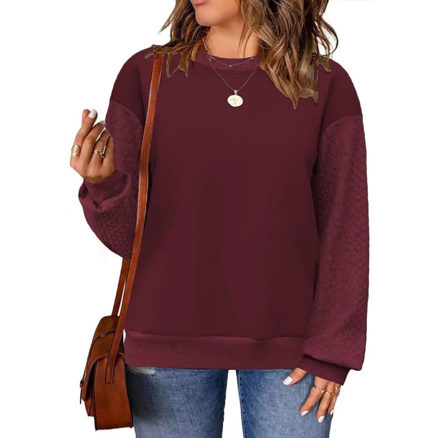 Women's Trendy Plus-Size Cable Knit Sleeve Crewneck Pullover Sweatshirts, Casual Minimalist Style Loose-Fit Clothes, XL-5XL Leggings-Matching Tops DPS1136, Trend, Fabric, Oversized, Knitwear, Dressy, Long Sleeve, Lightweight, Stretchy, Basic