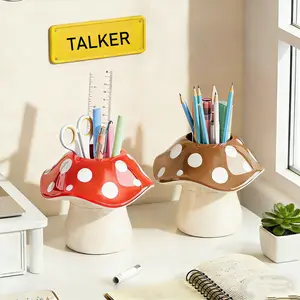 Cute Mushroom Storage Box with Polka Dot Lid and White Base - Multi-functional Desktop Organizer with Open and Closed Dividers for Storing Pens, Pencils, Makeup Brushes. Red-Brown Mushroom-shaped Pen Holder