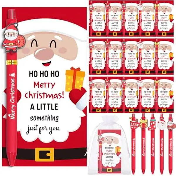 30/60Set Christmas Ballpoint Pens with Greeting Cards Bag Twist Ties Christmas Gifts for Student Teacher Employee Coworker School Office Supplies Christmas Party Favors