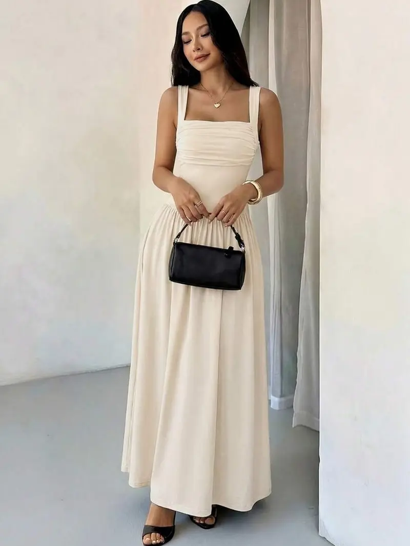 strapless flared hem midaxi dress in ivory - TikTok Shop