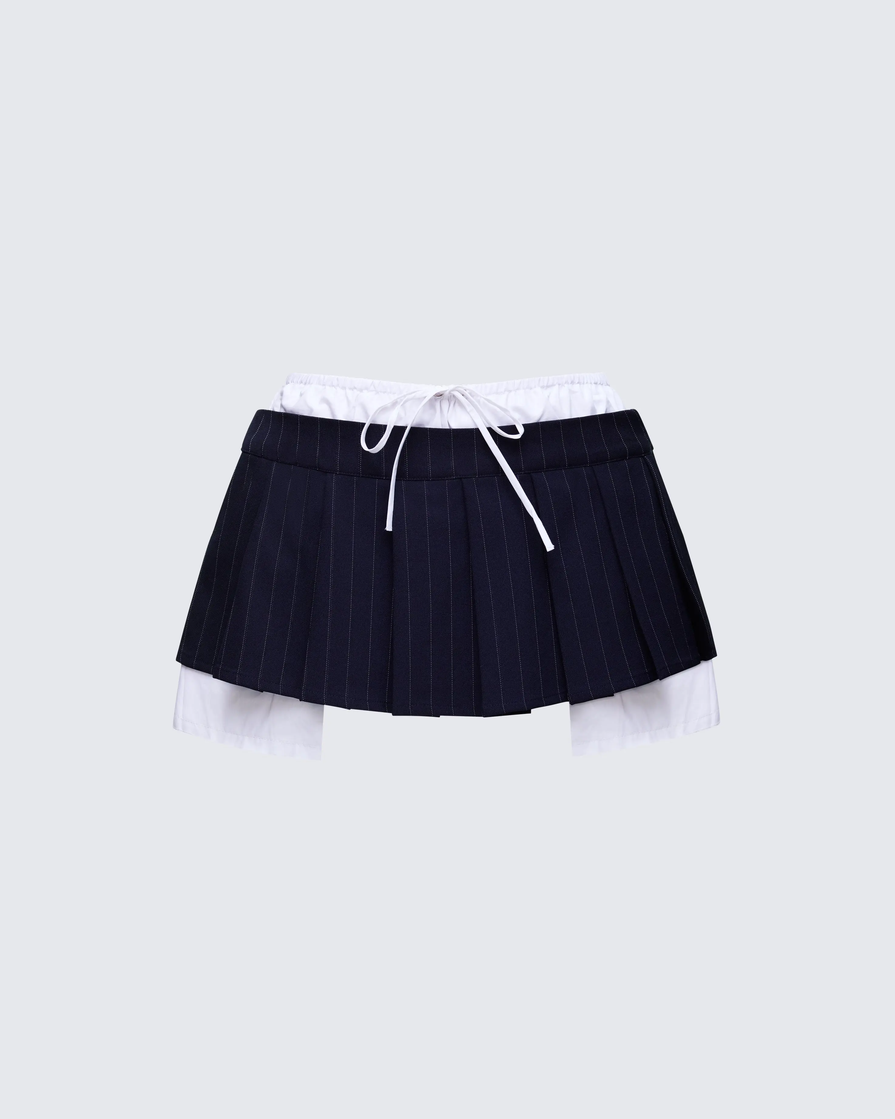 Women's Piper Navy Pinstripe Mini Skirt - Spandex Bottom, Drawstring, Contrast Band, Mini Length