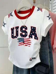 VYNCE Women's American Street Short-Sleeved T-Shirt USA Star Print Red White And Blue Summer Casual City Break Independence Day Holiday