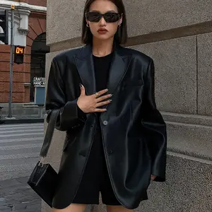 Black leather jacket blazer women's spring autumn and winter new high-end texture loose small suit