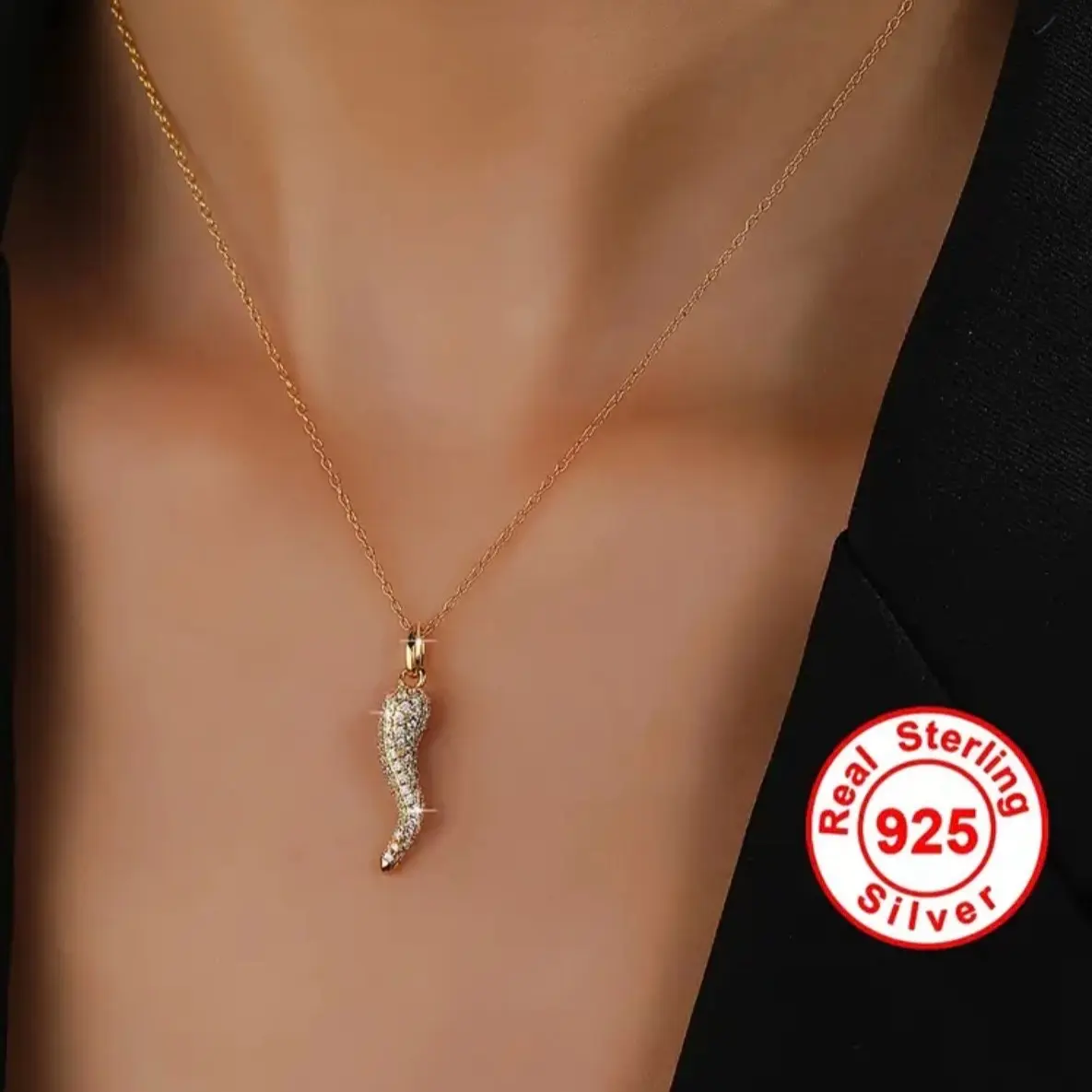 Italian Horn Pendant Necklace with Rhinestones, Unisex
