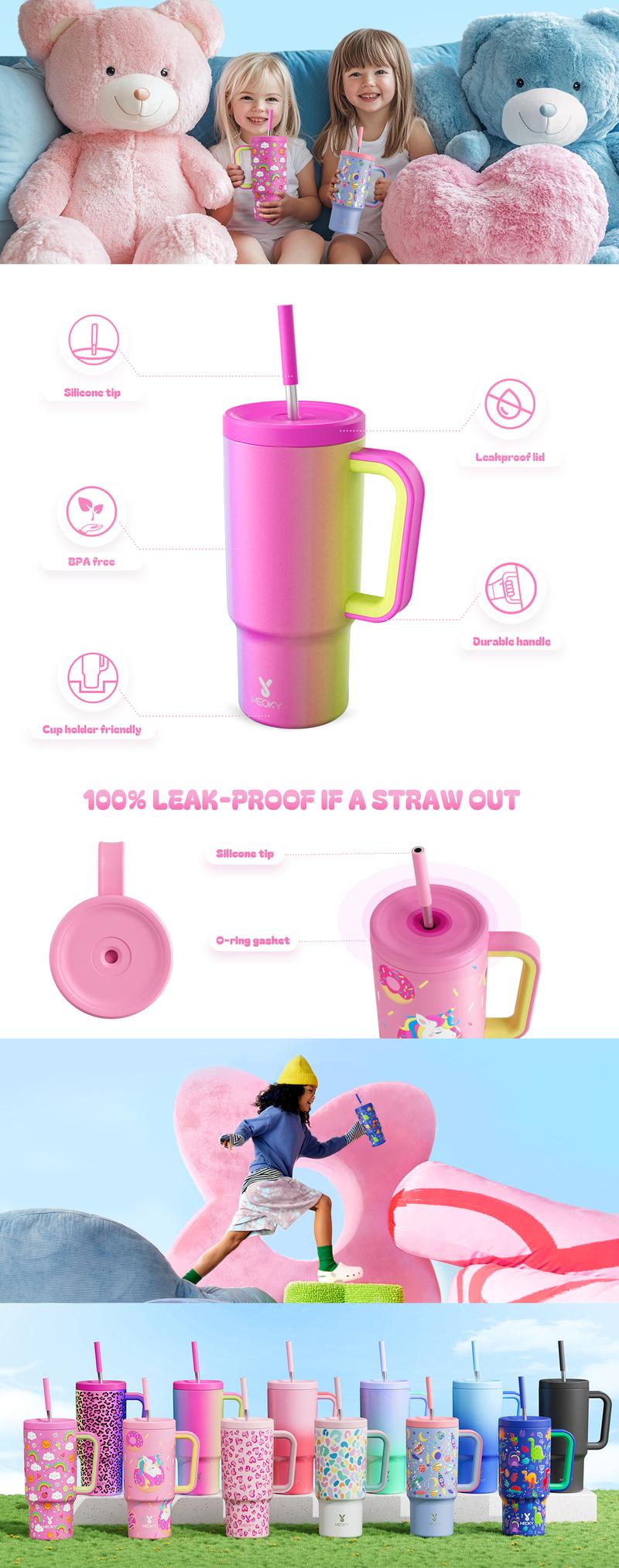 【Meoky】24oz Tumbler with Handle & Straw -  Leakproof, cute water bottles,BPA-Free, Insulated Stainless Steel Cup with Handle for Travel, School, Car Rides (Boys & Girls),Valentine's Day gift