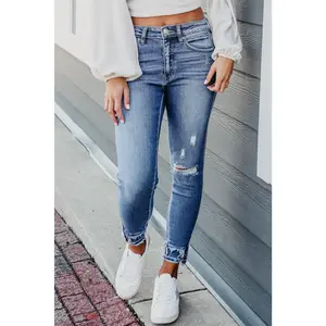 Light Blue Ripped Fringe Crop Skinny Jeans