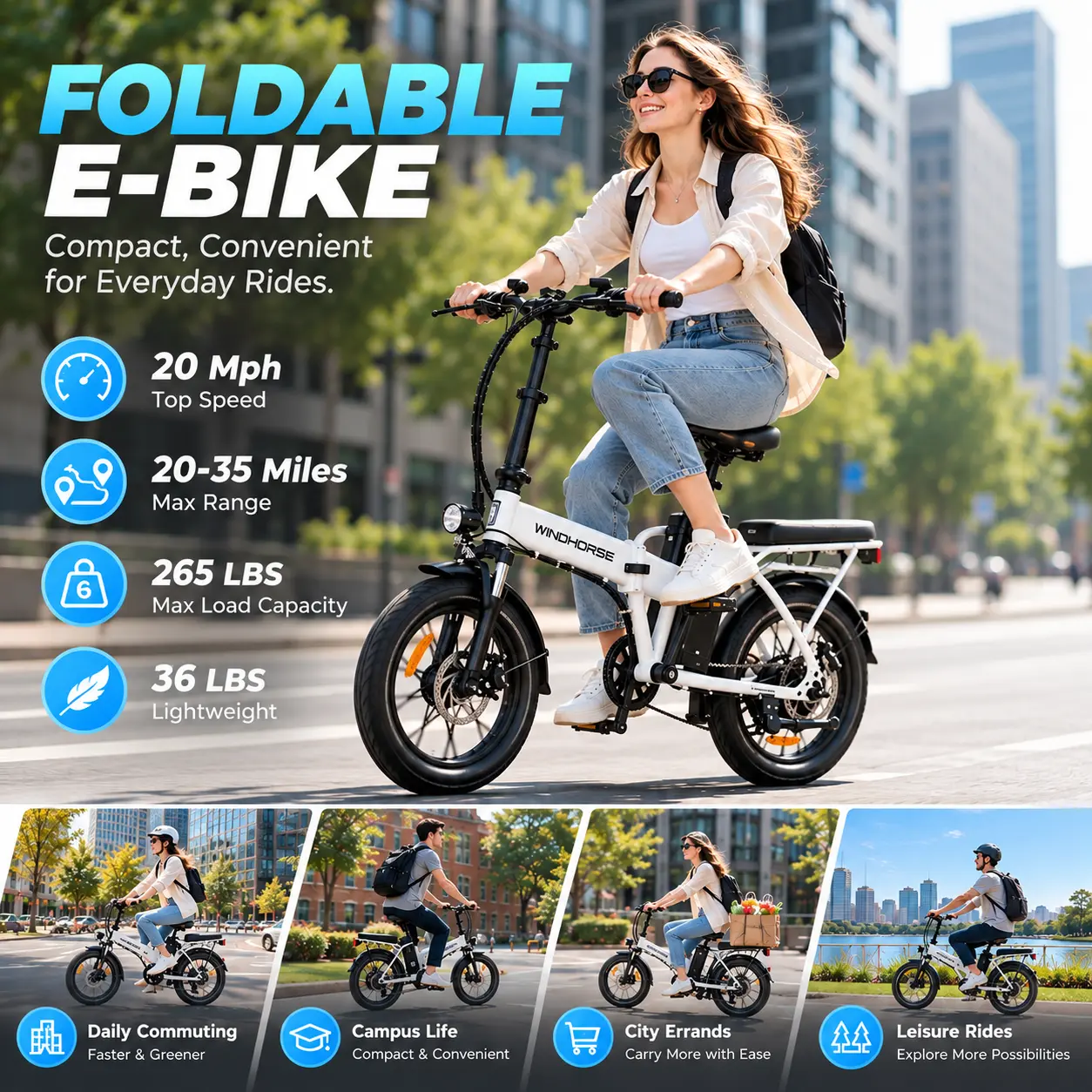 Windhorse W2A Lightweight Carbon Alloy Portable Folding Commuter Ebike - 16" Step-Over Pedal-Assist Electric City Bike with Rear Seat, 20 MPH Max Speed, 35 Mi Range, 12 Months Support, Unisex Adult Fathersday Gift