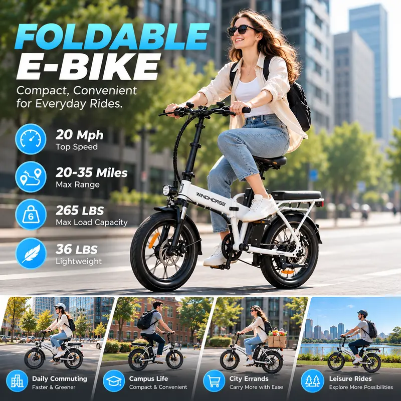 Windhorse W2A Lightweight Carbon Alloy Portable Folding Commuter Ebike - 16" Step-Over Pedal-Assist Electric City Bike, 20 MPH Max Speed, 35 Mi Range, 288Wh, 52.8 Lbs, 57 In, Rear Seat, 12-Month Support, Unisex Adult Father’s Day Gift, Commuter Ebikes