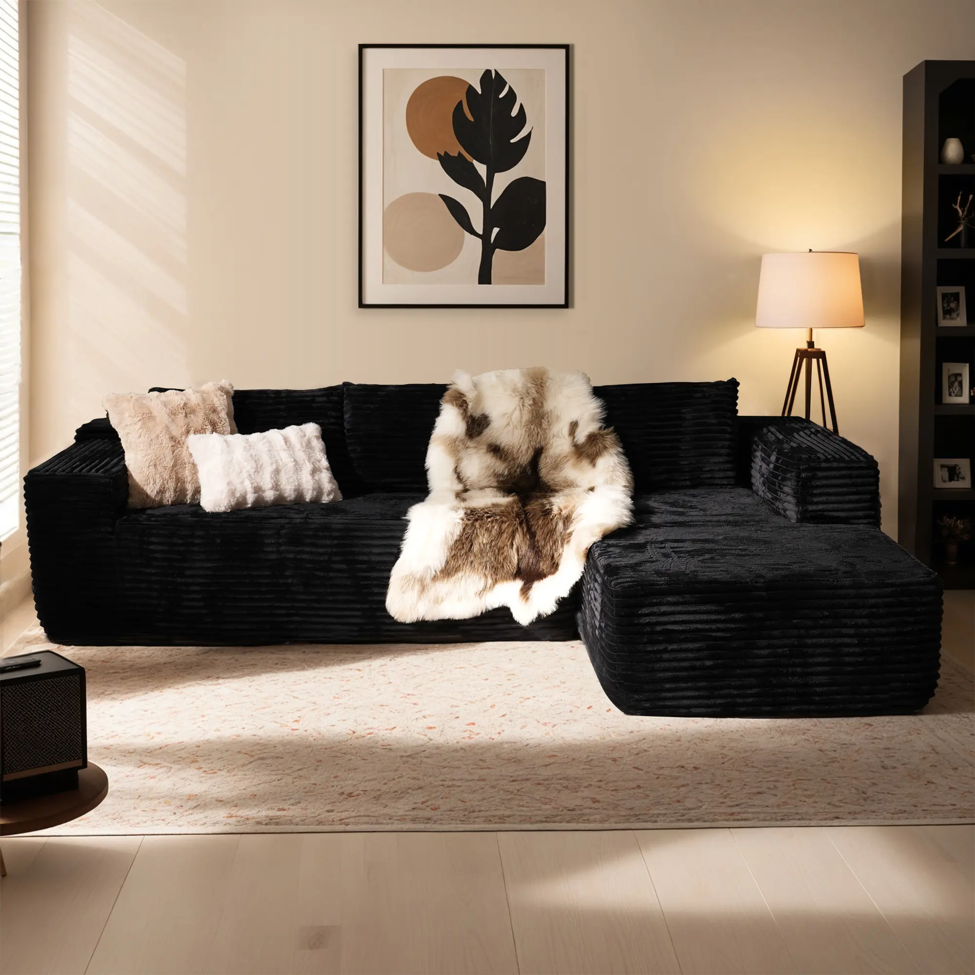Black Plush Corduroy Right Chaise| L-Shaped Sofa