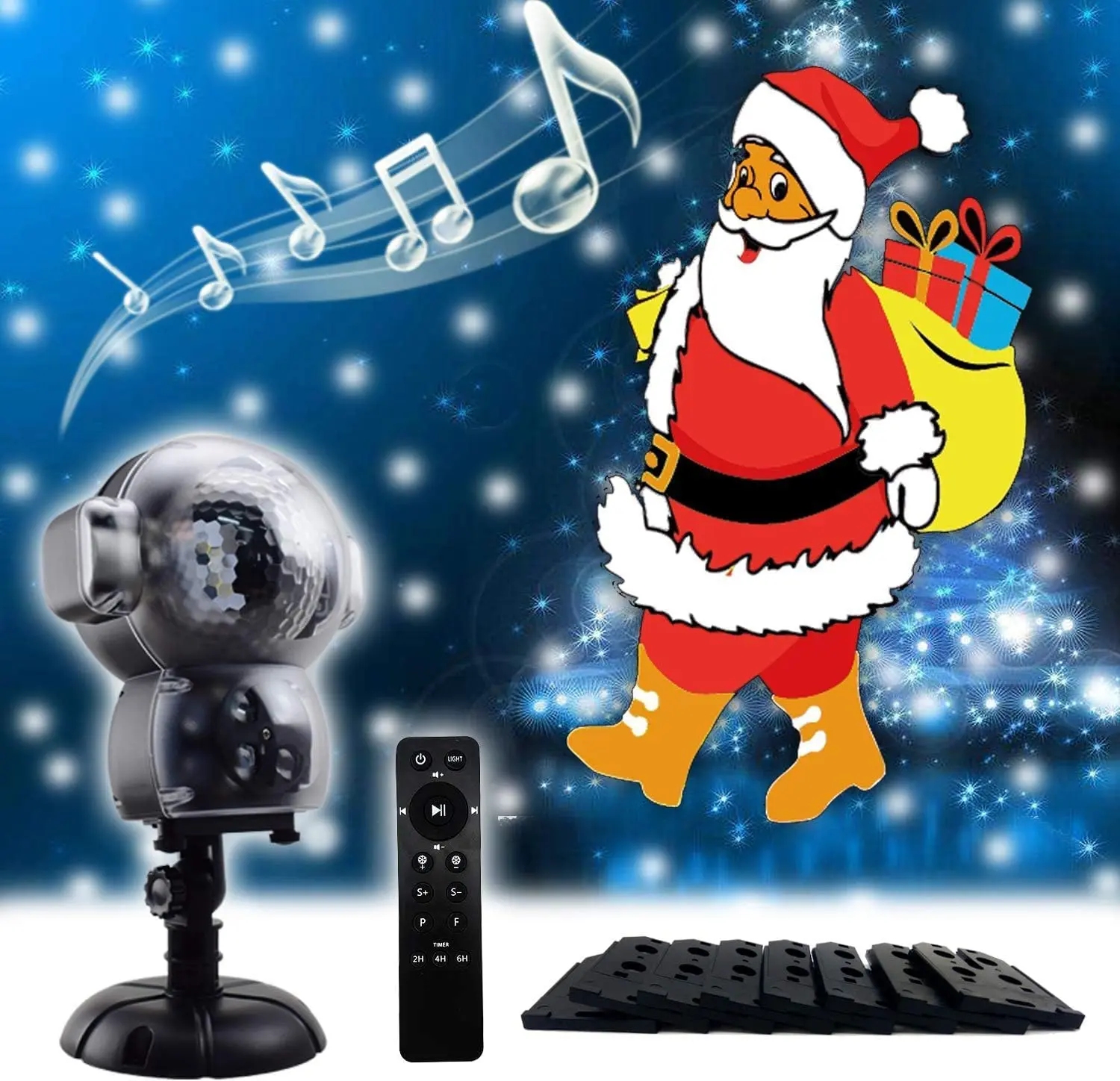 Waterproof Wireless Miniature Christmas Decoration Projector - Santa & Snowflake Projections, MP3 Music Speaker, Remote Control, Timer, 8 Movie Screening, Auto Shut-Off, TF Card, Americana Theme, Halloween & Holiday Use, Ideal for Kids' Festive Nights, Mu