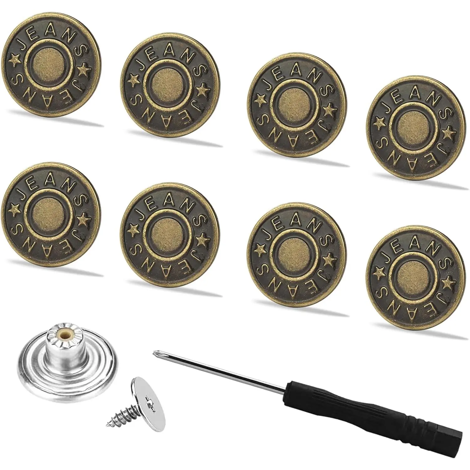 Jeans Buttons Replacement 8 Set 17mm  Adjustable No Sewing Nailess Removable Metal Pants Suspender Button Replacement Repair Combo Kit for Tightener Loose Jeans with Screwdrivers