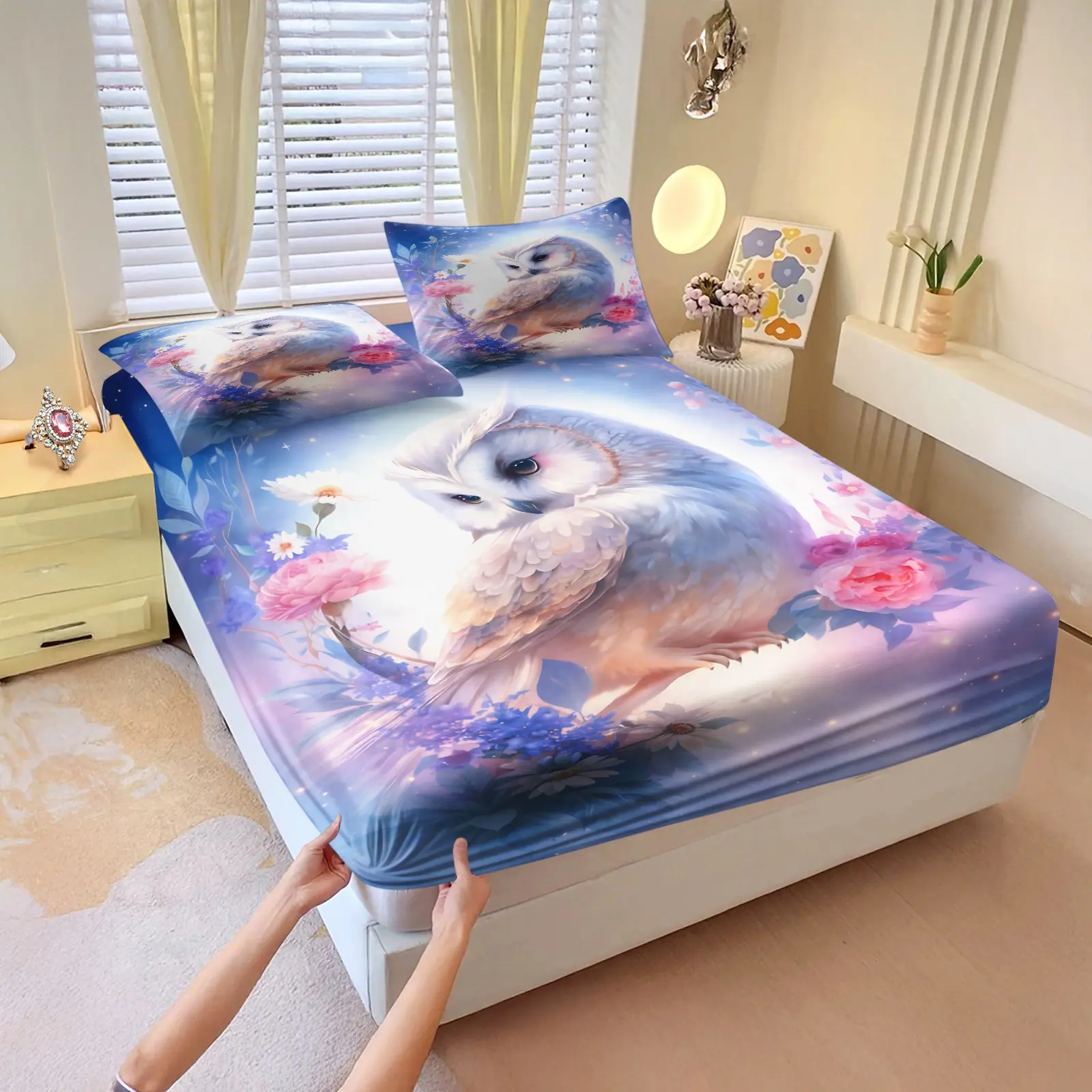 Soft and soothing owl-print fitted sheet set,Includes 1 Fitted Sheet & 2 Pillowcases without Filler,Gentle and comforting design,Suitable for gifting or personal use,Ideal for home bedrooms and hotels,Multiple styles available.