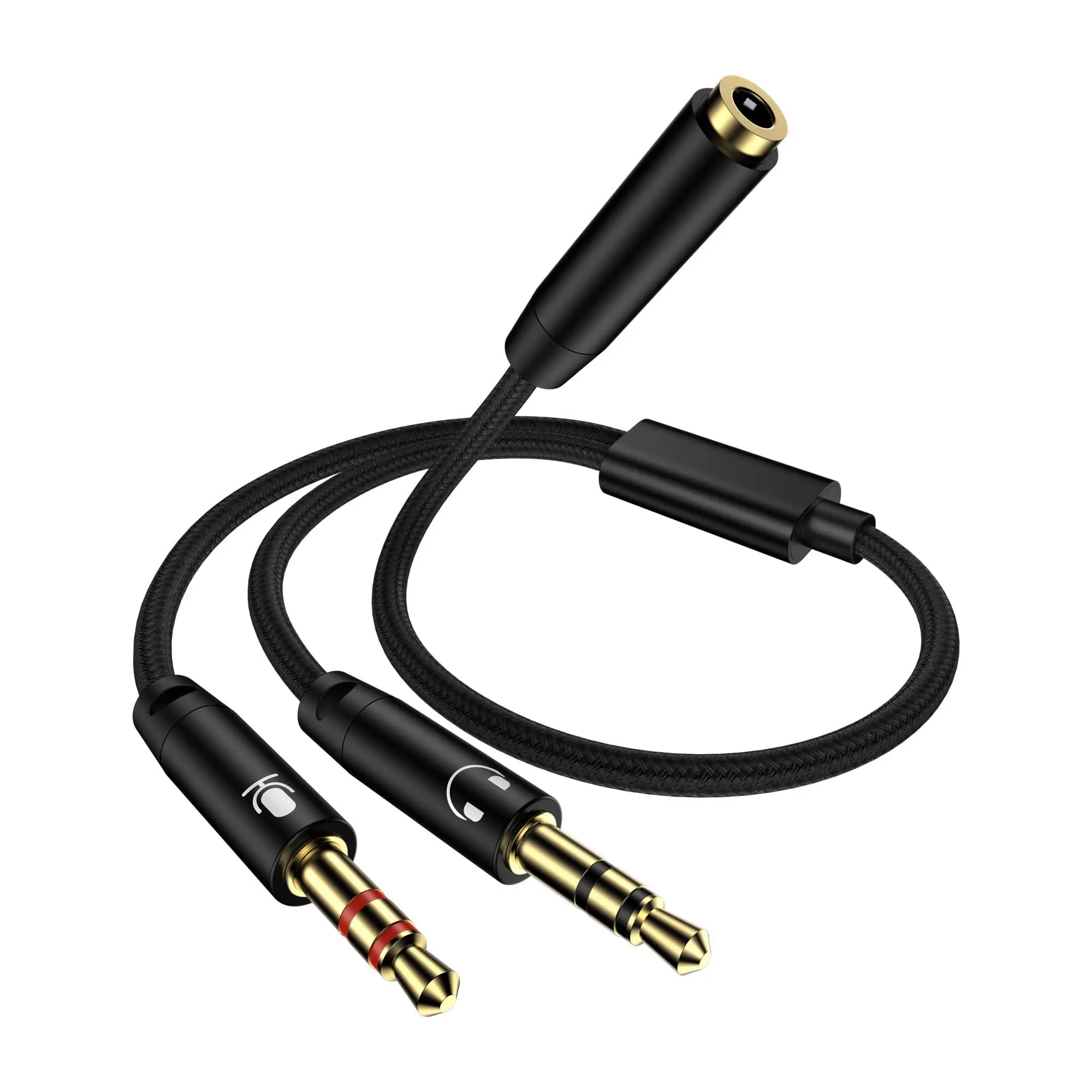 Headphone Mic Splitter For Pc  Braided 3.5mm Female To 2 Dual Male Audio Adapter 2-in-1 Y Separator Aux Dongle Converters Cable Cord Compatible With Headset Microphone Gaming Computer Laptop