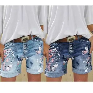 Female Casual Bottoms Harajuku Vintage Streetwear Summer New Buttons Women Denim Shorts Washed Flower Print Jeans