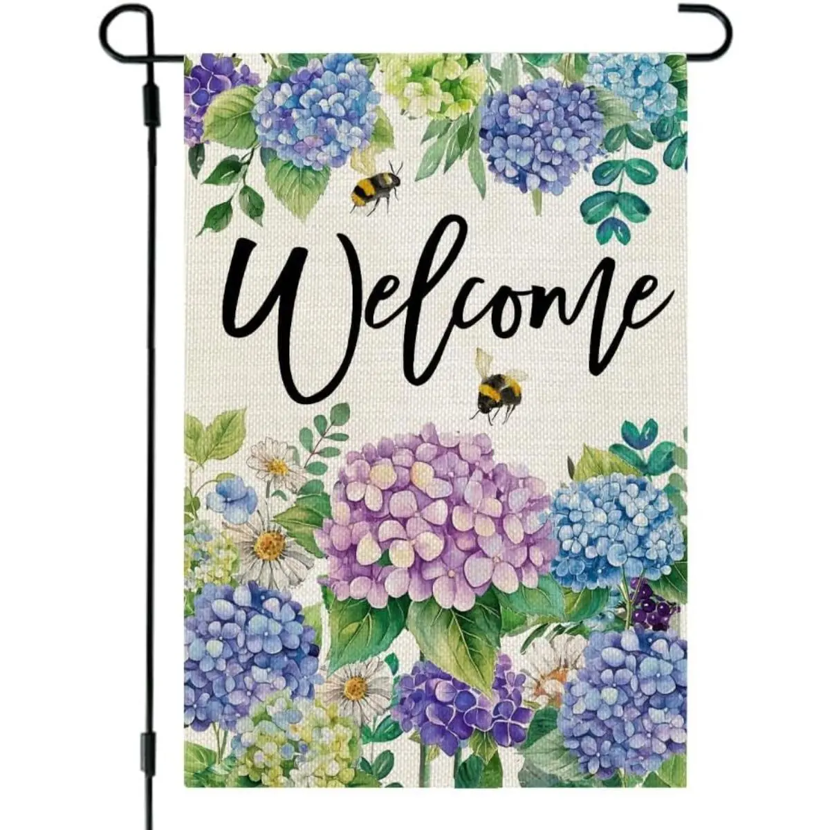 Hydrangea Bee Welcome Garden Flag 12x18in, Double-Sided Spring Summer Yard Decor, Watercolor Floral Outdoor Banner with Bees for Farmhouse Patio Porch Entryway
