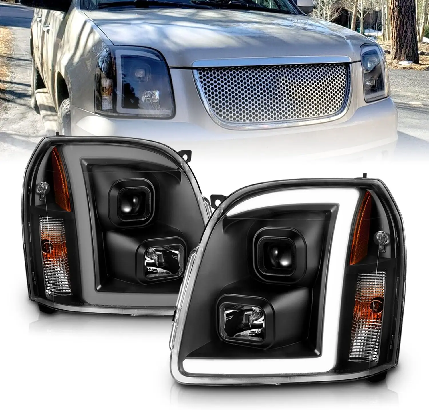 AmeriLite LED Bar Projector, Halogen, LED Car Headlights Set For 2007-2014 GMC Yukon/Yukon XL/Denali Driver + Passenger Side, Vehicle Light Assembly, led bar LED Bar Black