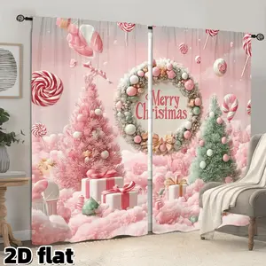 2D Flat 2Pcs Sweet Pink Christmas Curtains Candy Lollipop Wreath Pattern Semi Sheer Rod Pocket Drapes Festive Holiday Trees Print Window Treatment Panels for Living Room Bedroom Modern Home Decor Home Decoration Curtain Seasonal Gift Privacy Protection