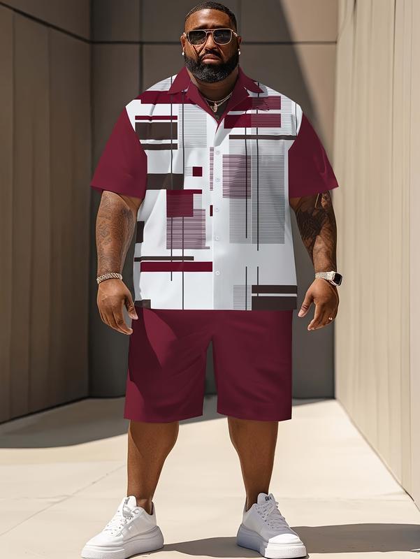 Plus Size Men's Short Sleeve Suit 2pcs Fashion Summer Sportswear Casual Suit with Solid Color Shorts for Comfortable Wear