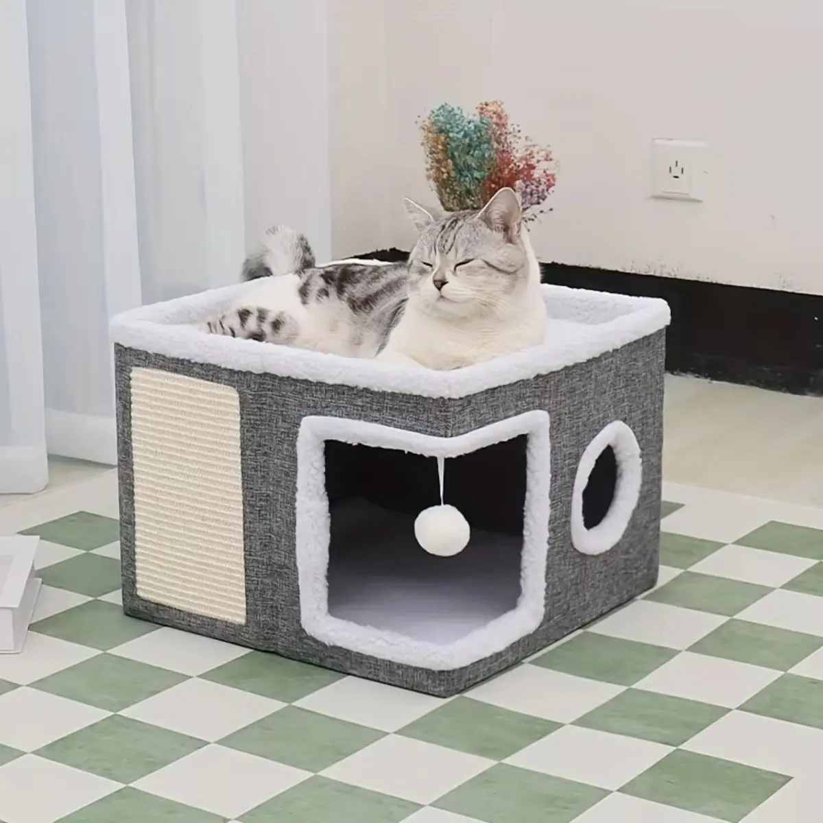 ‌Indoor Cats Comfortable Warm Cozy Large Cat Cave Bed with Scratch Pad Fluffy Ball Foldable Hideaway Reversible Cushion‌