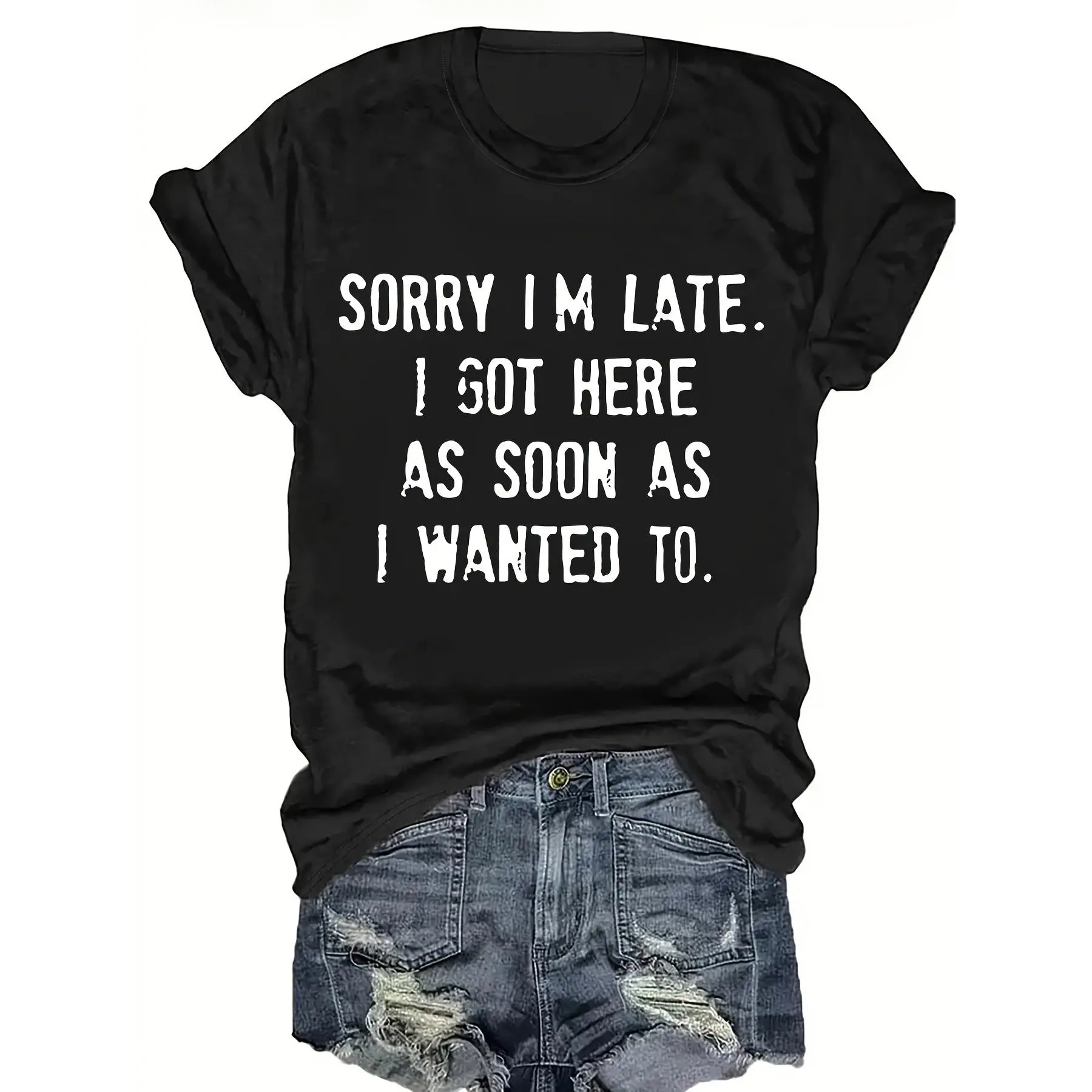 Women's Sarcastic "Sorry I'm Late" Graphic T-Shirt, Casual Soft Breathable Cotton Short Sleeve Top for Everyday Wear, Shortsleeve, Tshirt, Comfortable, Round Neck