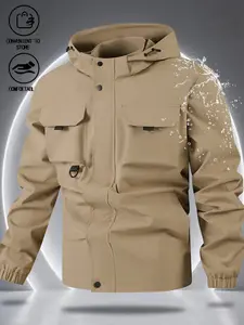 Men's Functional Workwear Jacket, Multi-Pocket Hooded Coat, Waterproof Durable, Outdoor Adventure, Hiking Camping, Fall Winter