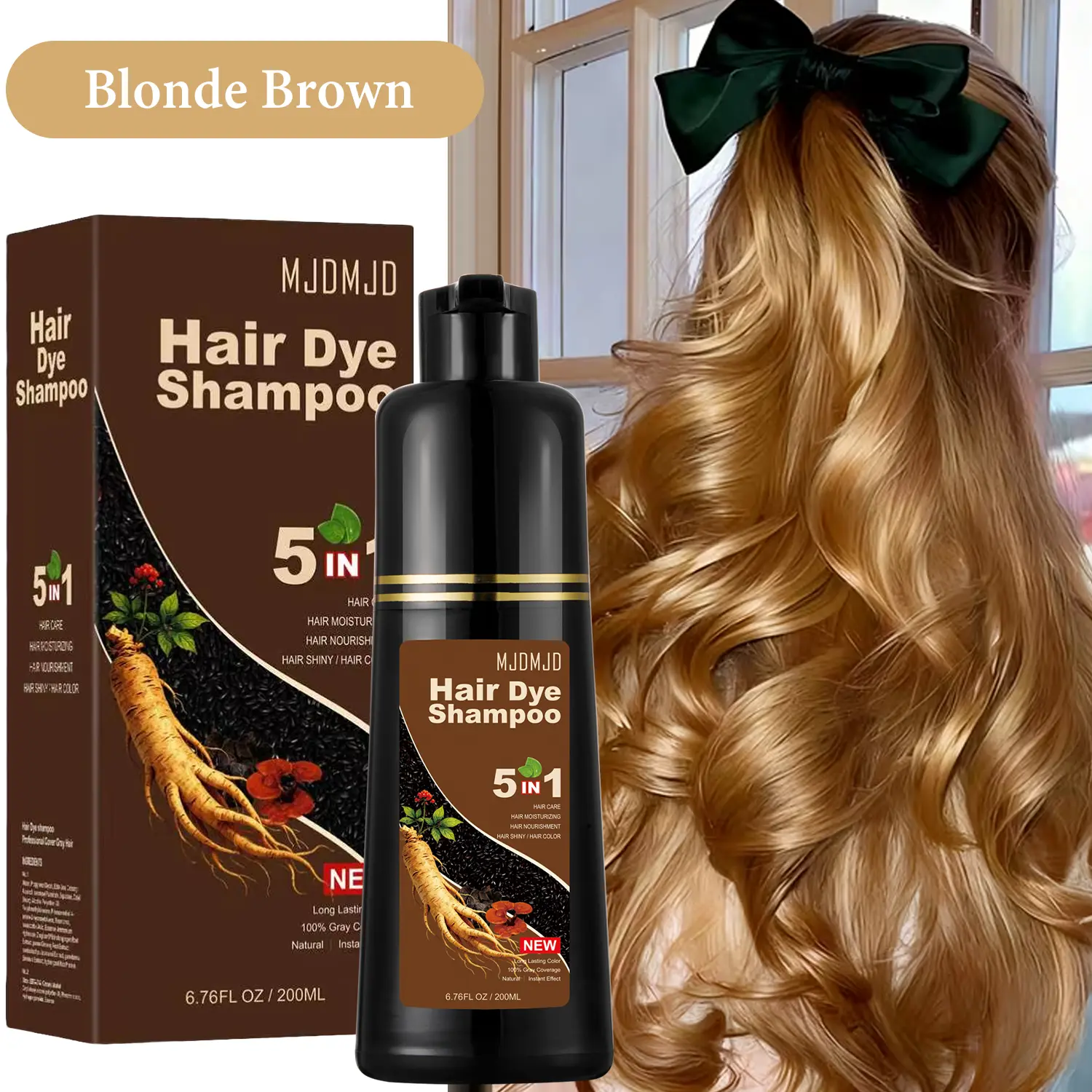Instant Blonde Brown Hair Dye Shampoo 5-in-1- Safe & Natural Herbal Formula Hair Coloring & Care for Gray Coverage, Semi-Permanent Color for Men & Women, 100% Coverage for All Hair Types 200MLl (Blonde Brown)Haircare Golden