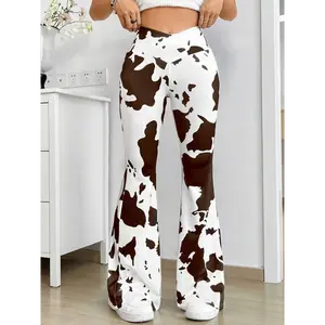 [Cow Print Flare Leg Pants] Cow Print Flare Leg Pants, Elegant High Waist Forbidden Pants For Spring & Summer, Women's Clothing Fabric Womenswear