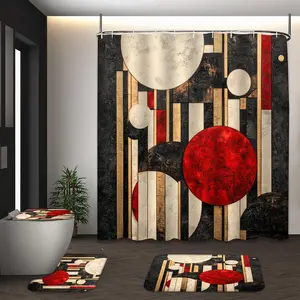 LVRLVR 4Pcs Abstract Geometric Circle Line Print Mid-Century Modern Multi-Color Shower Curtain Set Shower Curtain Liner 70.8×70.8 Inch