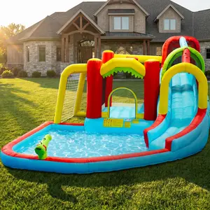 Heavy Duty Inflatable Bounce House with Slide Water Slides, Portable Kids Rocket-Themed Bouncy Castle with Splash Pool & Air Blower, Outdoor Soccer Garden Playground Playset, Included Air Blower, inflable de agua, amusem ent equipment