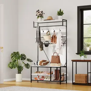 5 in 1 Hall Tree with Bench and Shoe Storage, 39" Entryway Coat Rack with Shoe Bench, Adjustable Shelf, Hanging Rod & 9 Hooks