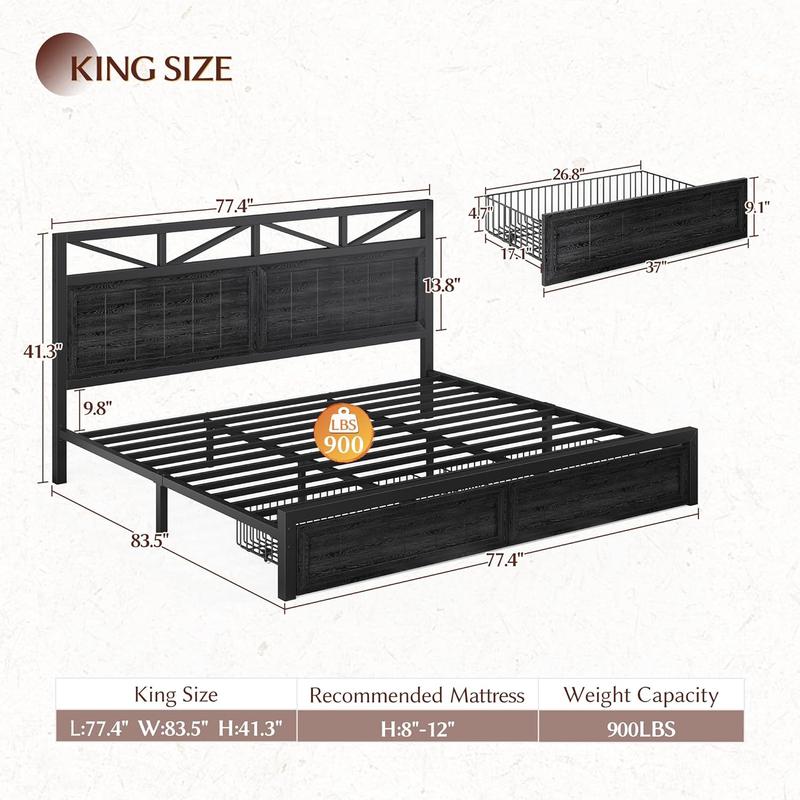 Raybee LED Bed Frame with Charging Station & 2 Drawers, No Mattress, Farm Style Full Queen King Size Bedframe with Headboard & 2 Wooden Drawers, Noise Free, Holds 900lbs, No Box Spring Needed Raybee LED Bed Frame with Charging Station & 2 Drawers, No Mattress, Farm Style Full Queen King Size Bedframe with Headboard & 2 Wooden Drawers, Noise Free, Holds 900lbs, No Box Spring Needed