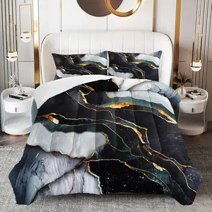 Black Marble Comforter Set for Men Adults, Gold Metallic Marble Bedding Full Size, 3 Pieces with 1 Comforter and 2 Pillowcase All Season