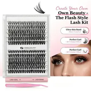 Waterproof Soft D Curl Wispy Cluster Lashes, Mixed Length Natural Volume Individual False Eyelashes, 204Pcs Lash Extension Kit with Bond, Seal, Remover, Tweezers & Curler