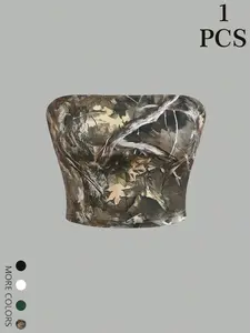 Women's Fashionable Summer Short Basic Tube Top, Camo Print and Solid Color, Sexy Slim-Fitting Three Pieces Set, All over Print, Camouflage