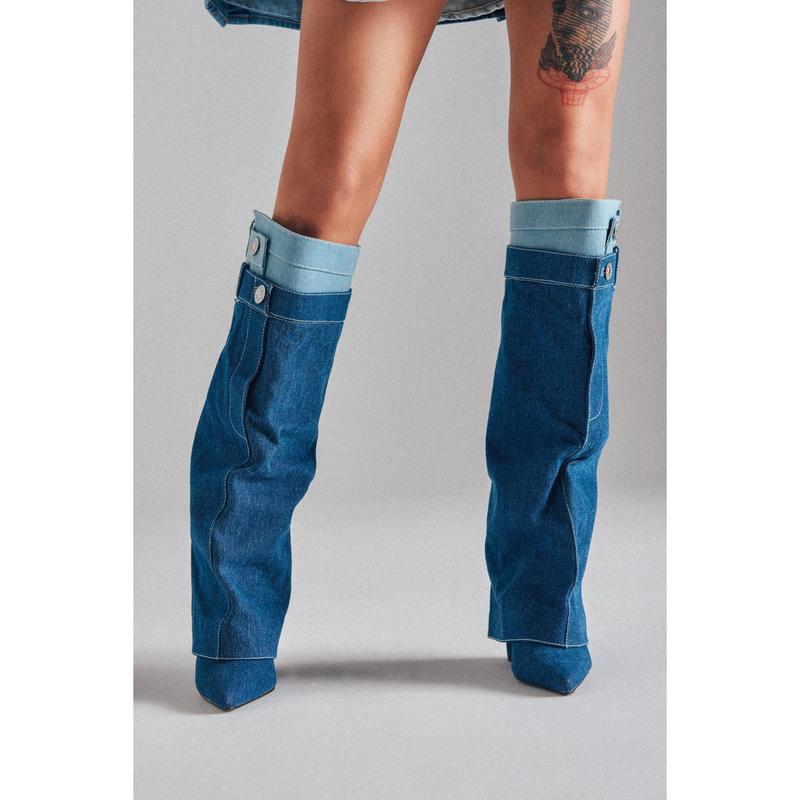 AZALEA WANG DOUBLE FLY DENIM CHUNKY BOOT