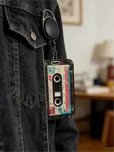 Retro cassette design card holder with sliding mechanism, anti-loss lanyard, sturdy document holder, vintage-style card holder, shockproof and scratch-resistant protective card sleeve, suitable for student IDs, bus cards, and credit cards.