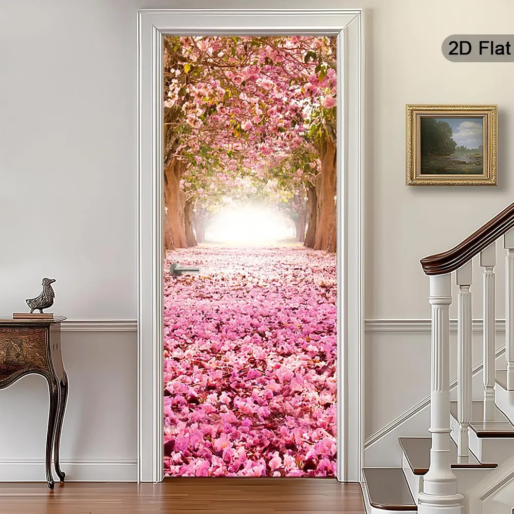 2D Flat Cherry Blossom Tunnel Door Sticker Pair, Spring Landscape Poster, Self-Adhesive Wall Decor, Romantic Petal Rainbow Door Ornament