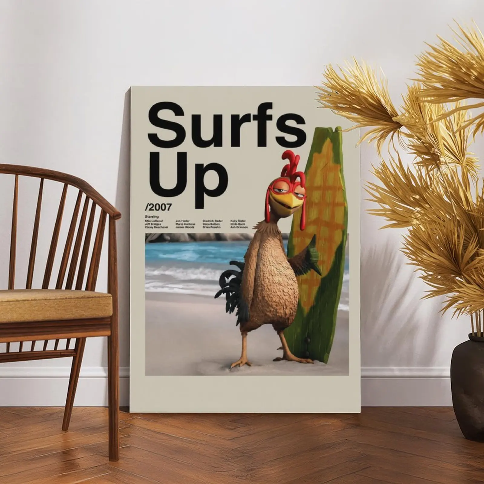Vintage 2007 Surfs Up Movie Framed Canvas Print, Cool Chicken Joe Surfboard Poster, Retro Cartoon Beach Surf Wall Decoration Photo for Bedroom, Living Room