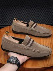 Men's Striped Decor Plain Color Casual Loafers, British Style Business Casual Slip-On Flat Shoes, Soft Comfortable Lightweight for Daily Wear, British Fashion Shoes