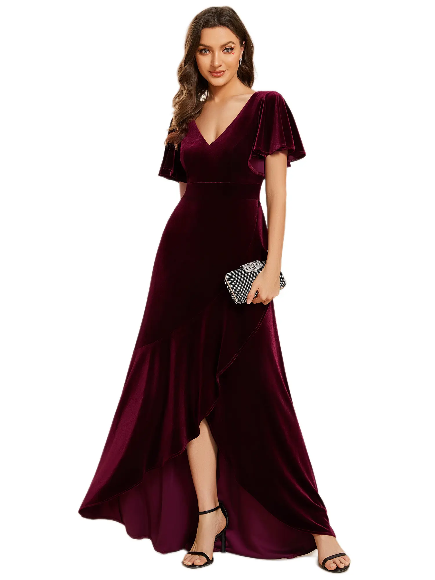 EVER PRETTY Evening Dress Women Stretchy Velvet Fall Winter Wedding Guest Holiday Party Double V-Neck Short Sleeve Gown with Lotus Leaf Hem