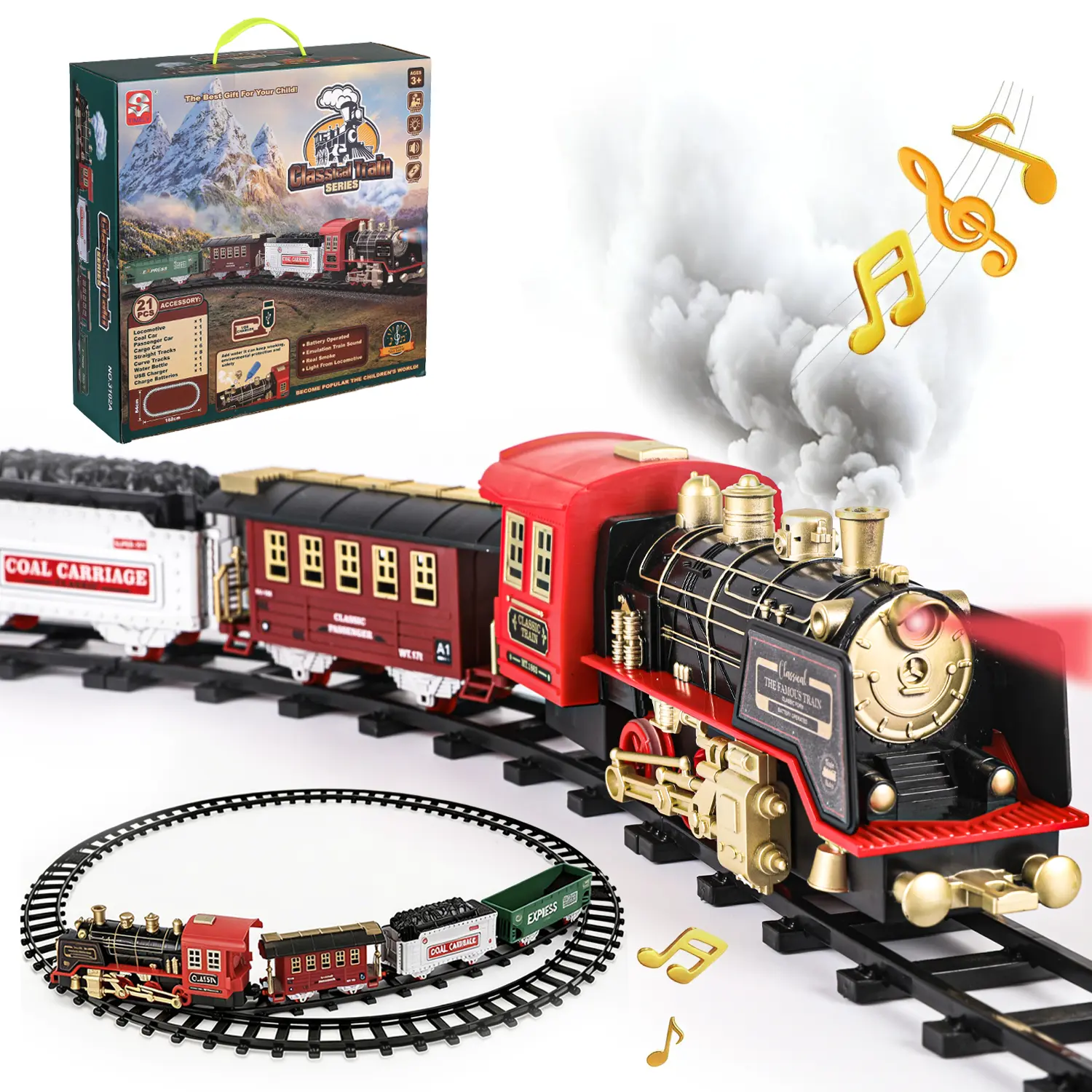 Remote Control Electric Train Set - ABS, Real Steam, Lights & Sound, 4 Speed Levels, Complete Tracks, Christmas Tree Decoration for 3 Years and Up Kids, Indoor Play Children Development Toy