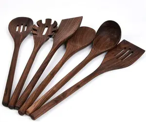 Fiunkes 6 PCS Wooden Kitchen Utensils Set, Black Walnut Wood Long Handle Spoons and Spatula Set for Cooking, Heat Resistant Non-Stick Cookware Colander Handy